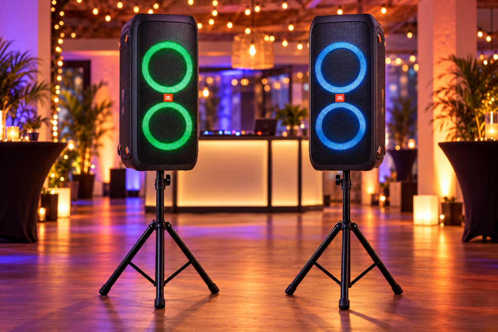 jbl partylautsprecher im stimmungsvollen dj setup