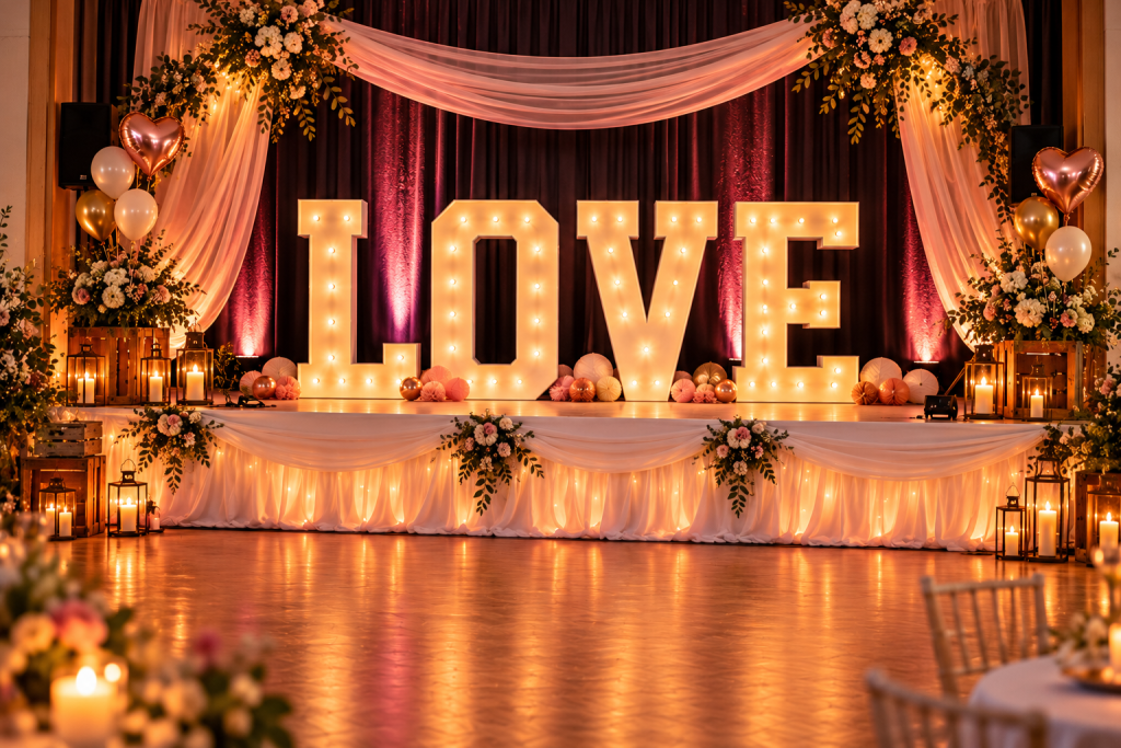romantische hochzeitsbühne mit love leuchtbuchstaben